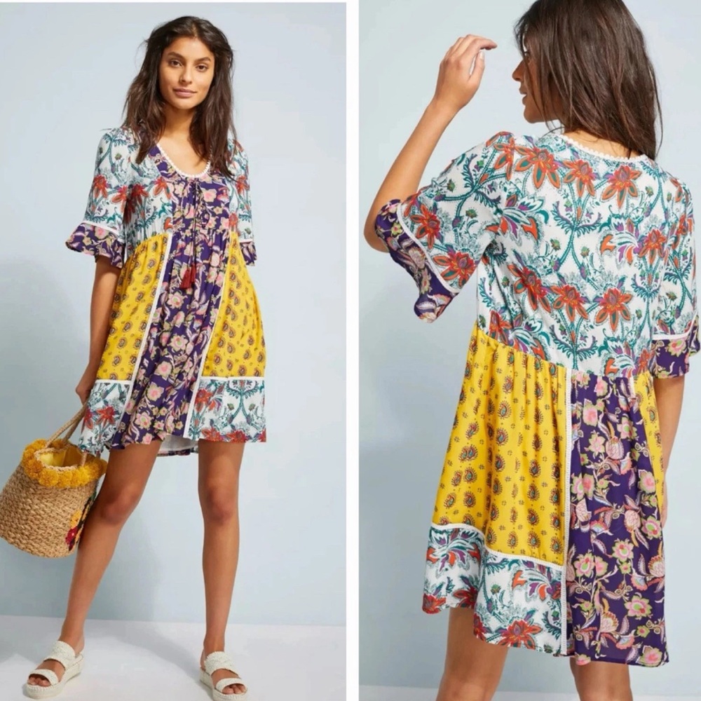Anthropologie Lilka Patchwork Colorful Trapeze Boho Summer Dress size XS